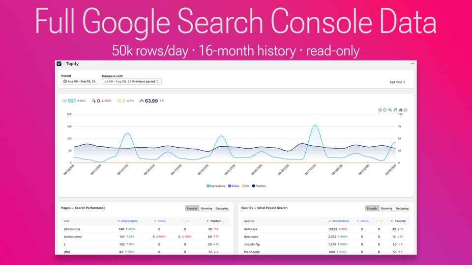 Prezentacja panelu Topify z danymi Google Search Console
